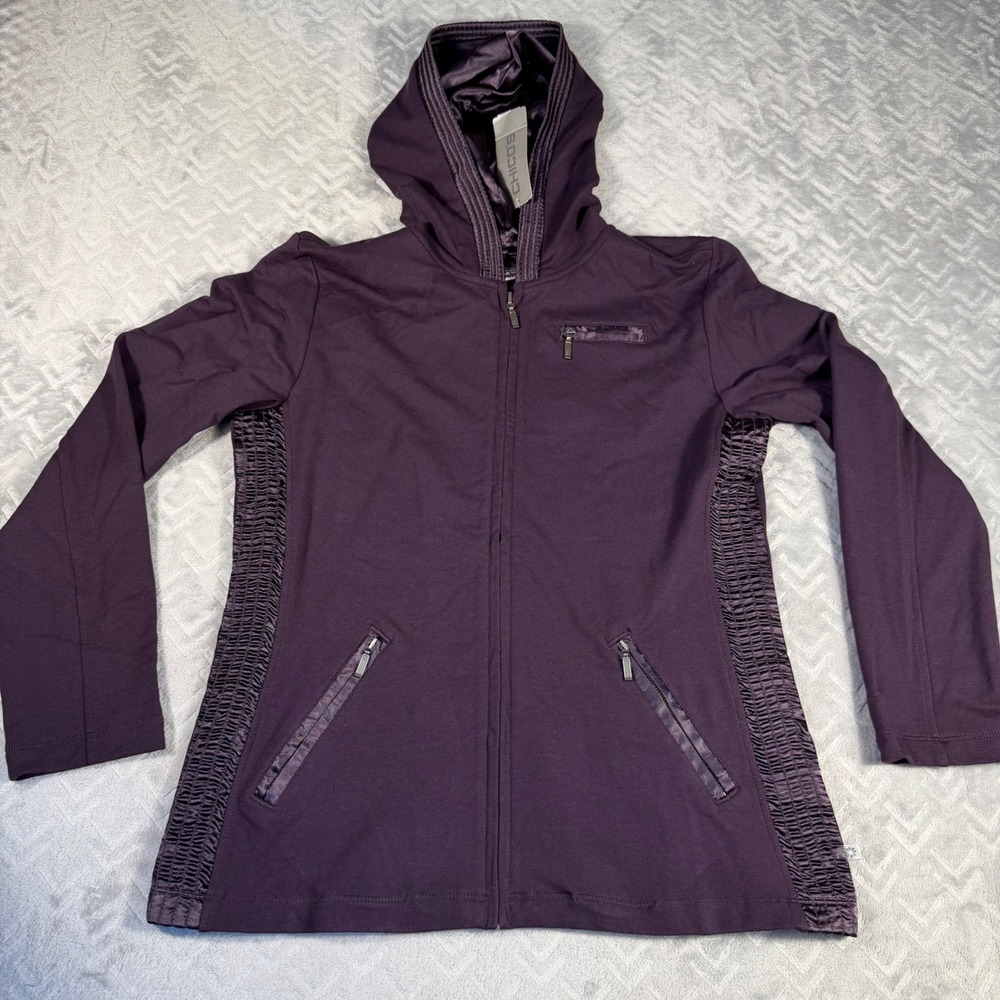Chico's Zenergy Satin Trim Jacket Size Medium (1) Purple Hooded Full Zip NWT